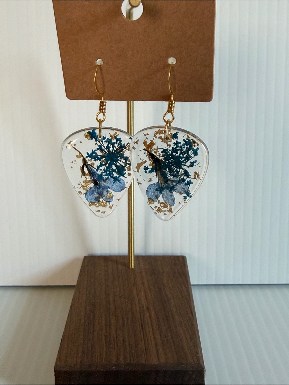 Handmade Clear Guitar Pick Earrings with Blue Dried Flowers and Gold Flakes